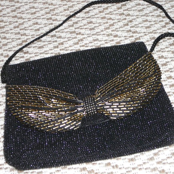 Vintage Black Beaded Evening Bag Gold Bow Holiday - Picture 3 of 9